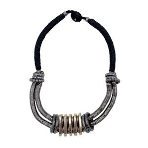 Vintage Metal Loop Black Cord Rope Statement Necklace Chunky Steampunk Brutalist